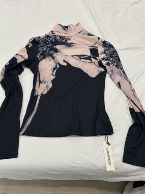 Black & Pink Floral Long-Sleeve Mock Neck Top